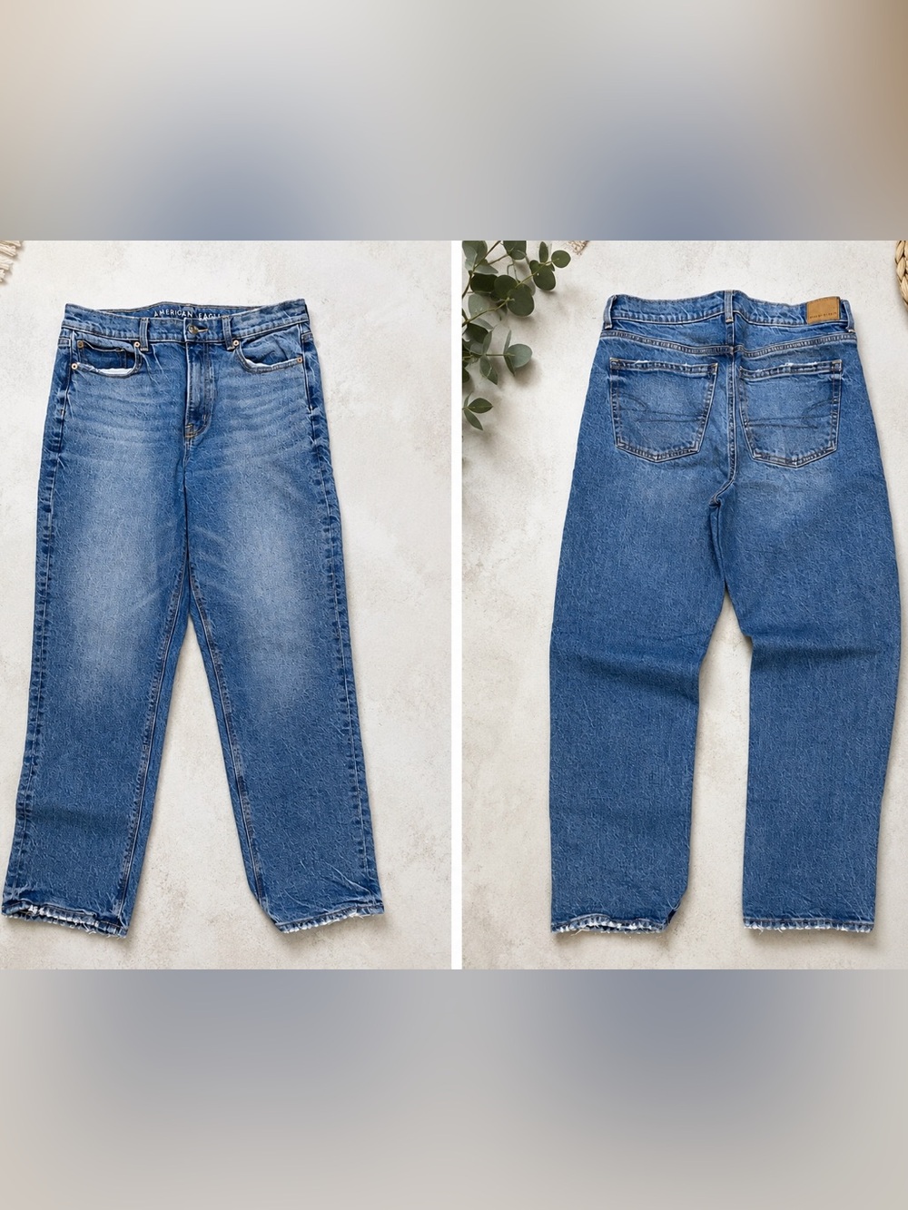 American Eagle High Rise Straight Leg Jeans | Medium Wash Distressed Hem Size 10